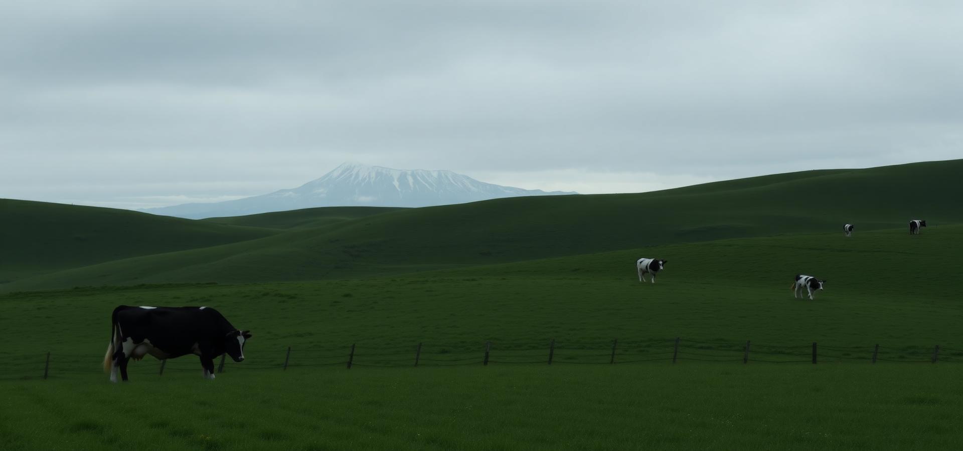 Pradera del Sur de Chile con vacas y un volcán al fondo